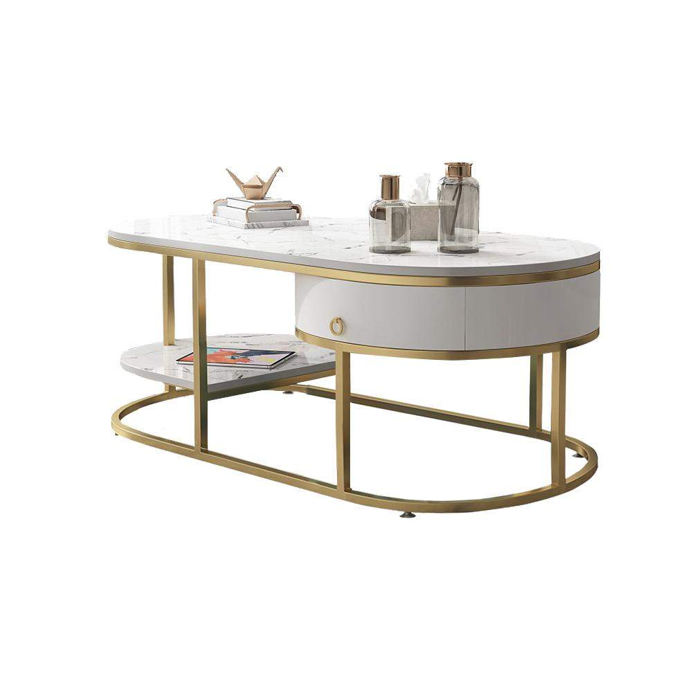Modern Marble Coffee Table with Drawers & Shelf in White-Richsoul-Coffee Tables,Furniture,Living Room Furniture