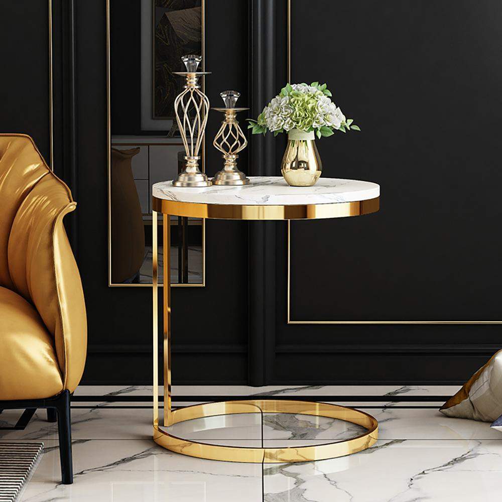 Black Round Marble Side Table with Gold Stainless Steel Frame-End & Side Tables,Furniture,Living Room Furniture