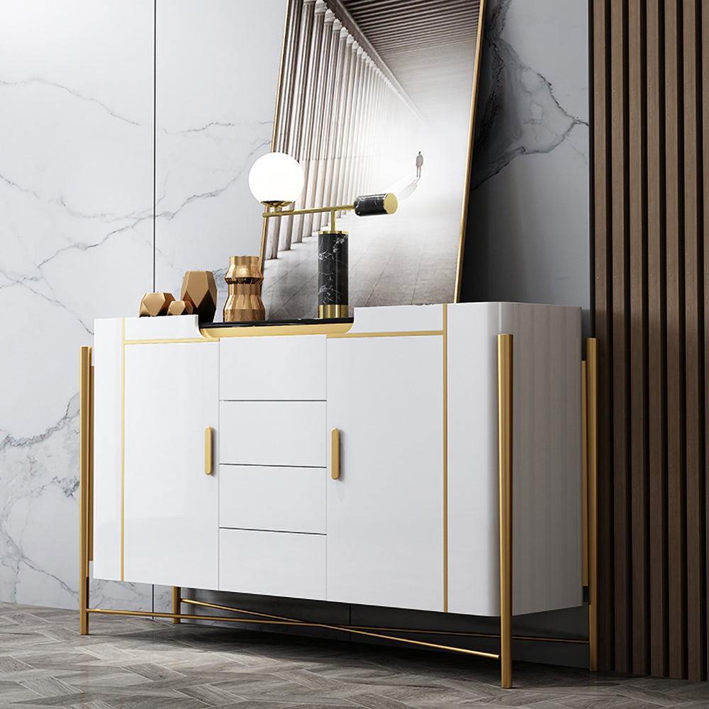 Modern White and Black Sideboard Cabinet with Drawers & Faux Marble Top Gold Legs
