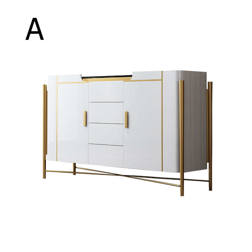 Modern White and Black Sideboard Cabinet with Drawers & Faux Marble Top Gold Legs