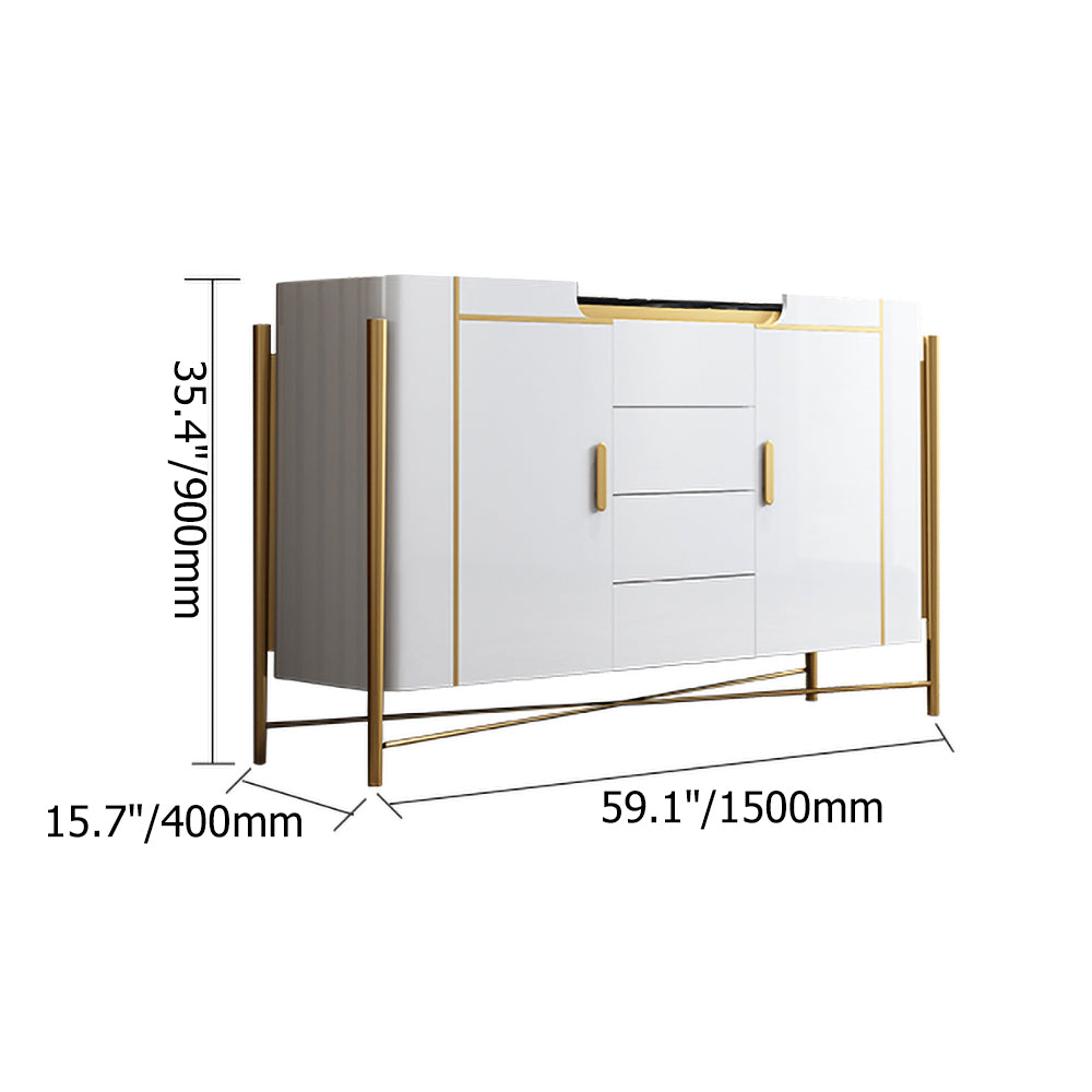 Modern White and Black Sideboard Cabinet with Drawers & Faux Marble Top Gold Legs