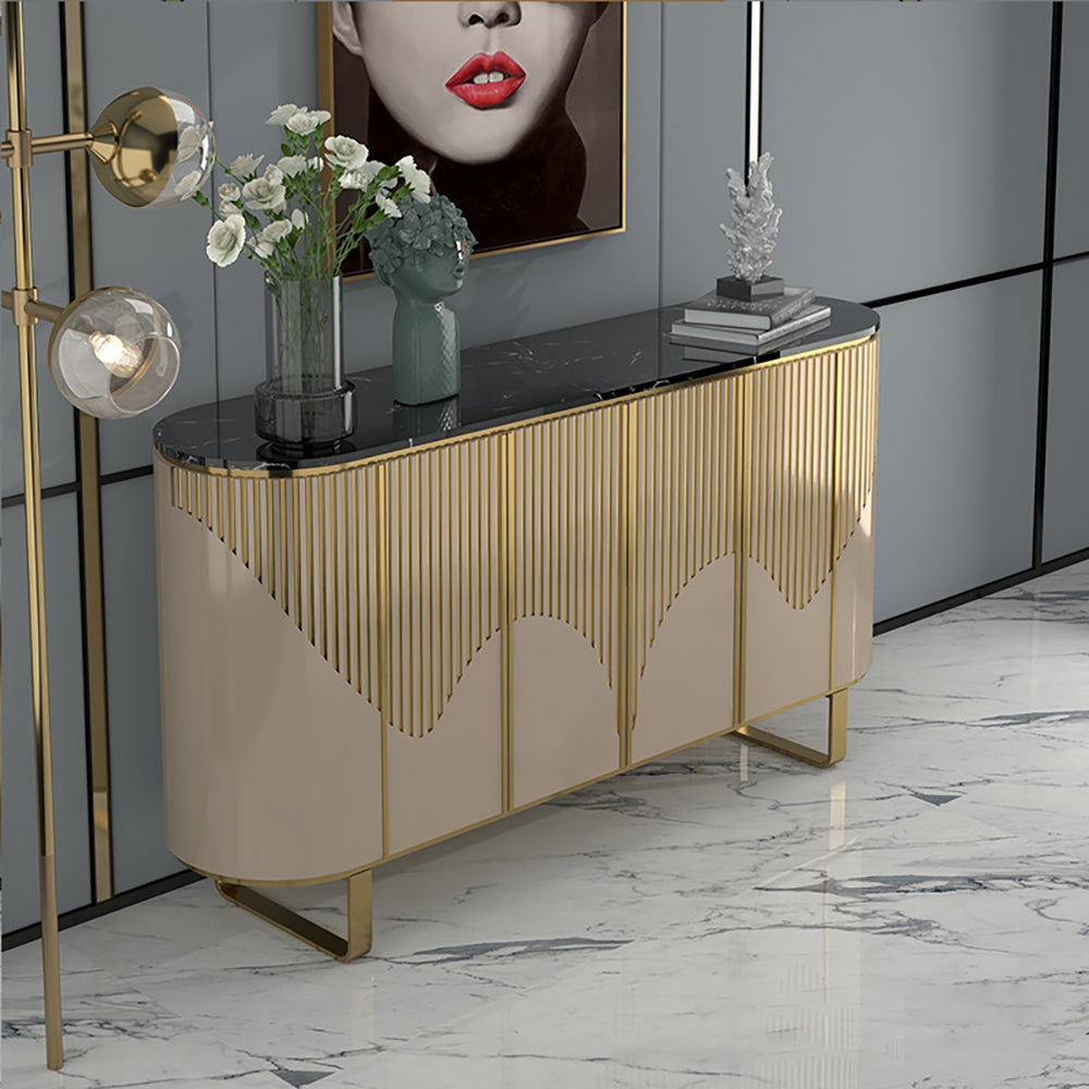 55.1" Modern Champagne Sideboard Buffet Black Faux Marble Top with 4 Doors in Medium
