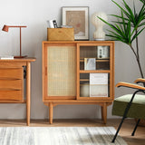 Nordic Natural Cabinet with 2 Glass Rattan Woven Doors & 2 Shelves in Small