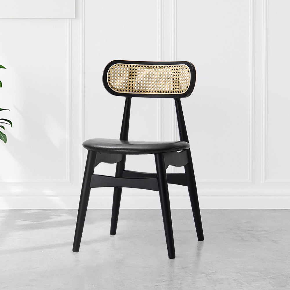 Modern Rattan Leather Dining Chair with Ash Wood and Faux Leather in Natural Finish