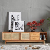Mueble nórdico para TV Natural Media Console con puertas y cajones y estante de mimbre tejido en grande