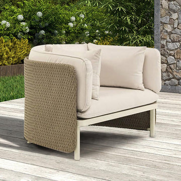 Khaki & Cream White Rattan Outdoor Armchair Patio Accent Chair with Cushion Pillow