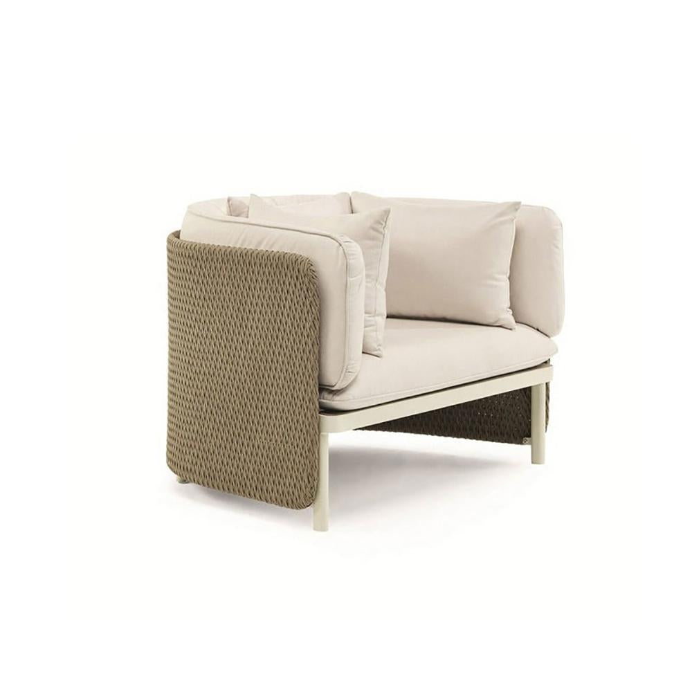 Khaki & Cream White Rattan Outdoor Armchair Patio Accent Chair with Cushion Pillow