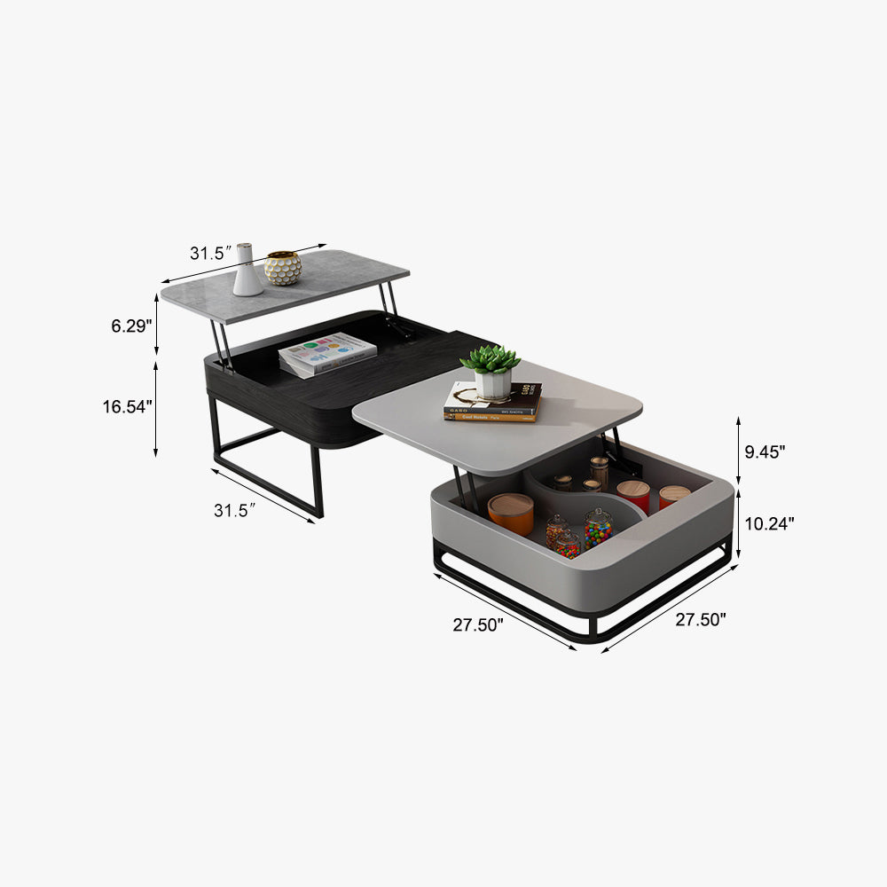 Square Modern Lift-top Nesting Multifunctional Coffee Table With Hidden Large Storage and Drawer Set of 2 Black