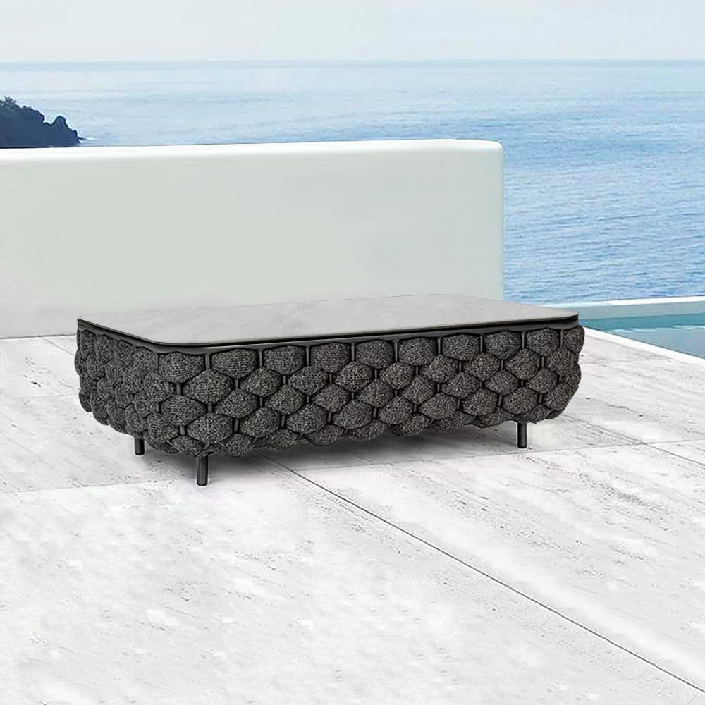 Modern Aluminum & Rope & Faux Marble Top Outdoor Patio Coffee Table in Gray