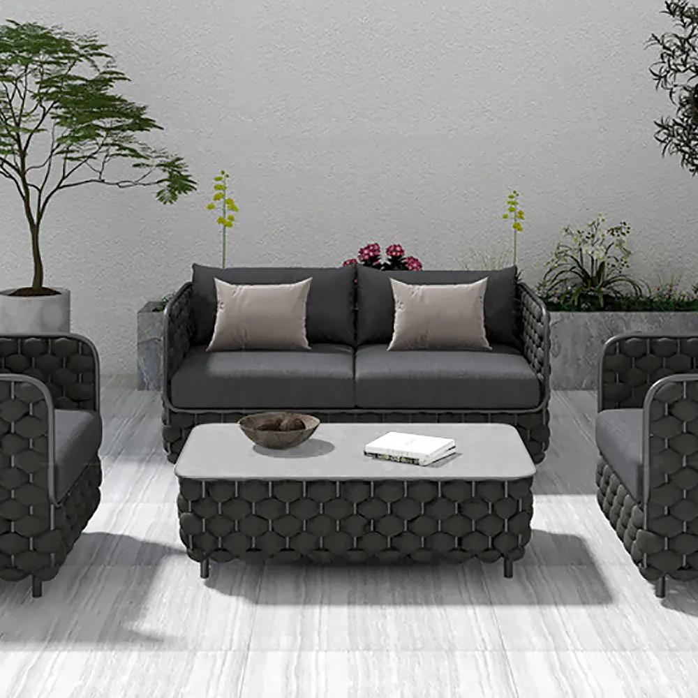 Modern Aluminum & Rope & Faux Marble Top Outdoor Patio Coffee Table in Gray