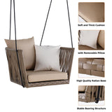 Traditional Outdoor Hanging Chair Rattan Porch Swing Chair with Khaki Cushion Pillow