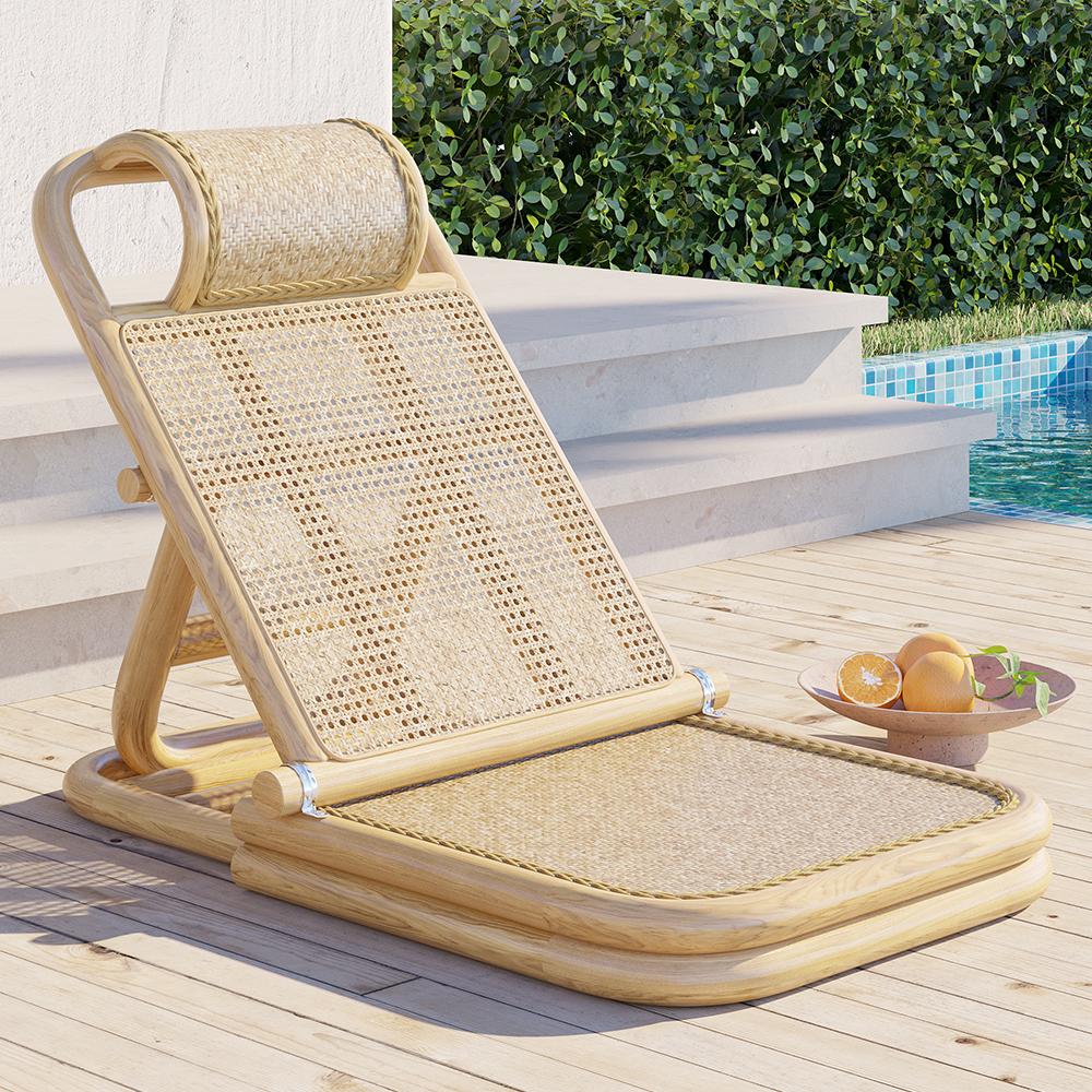Scandinavian Rattan & Wood Outdoor Long Reclining Chaise Patio Lounge Chair in Natural