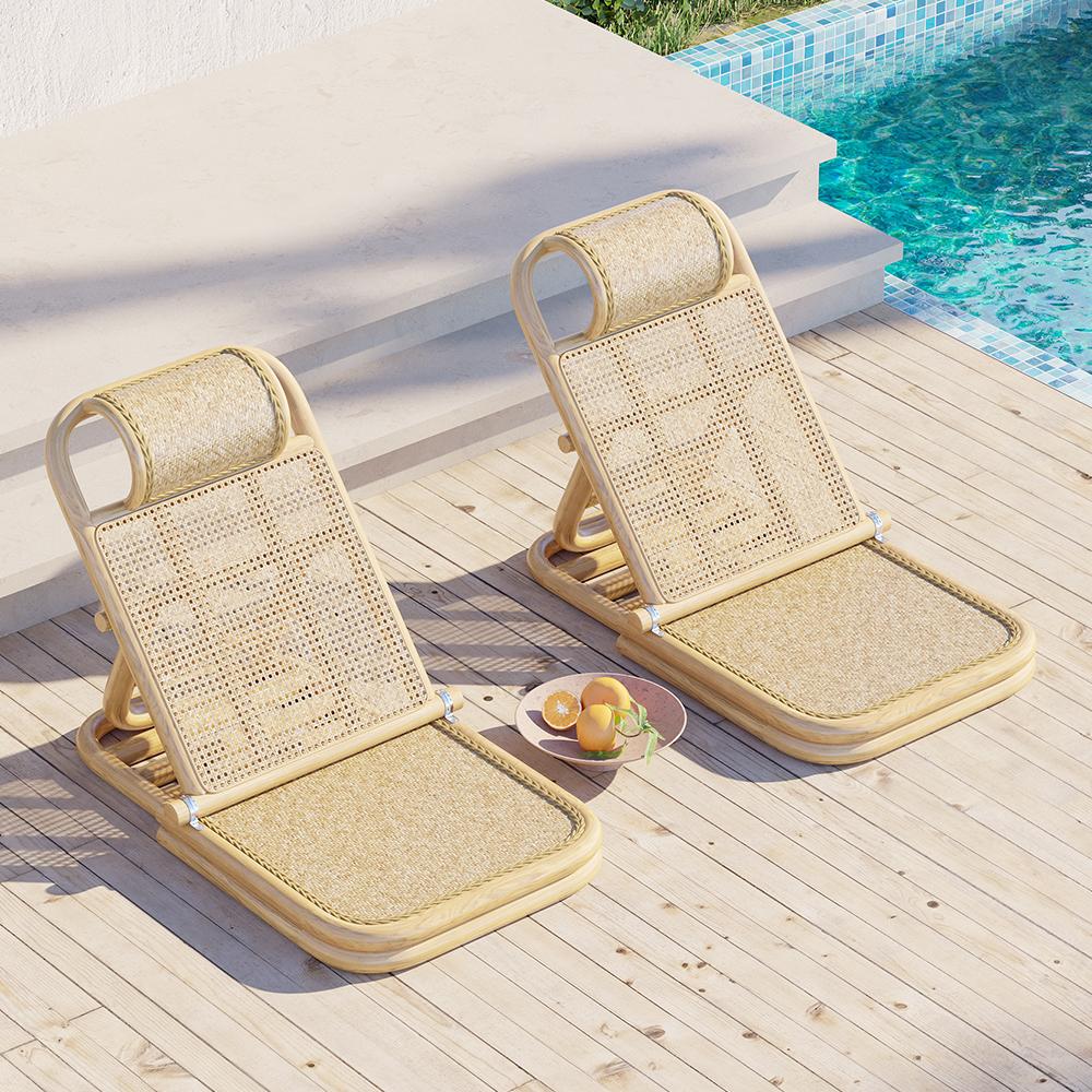 Scandinavian Rattan & Wood Outdoor Long Reclining Chaise Patio Lounge Chair in Natural