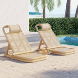 Scandinavian Rattan & Wood Outdoor Long Reclining Chaise Patio Lounge Chair in Natural