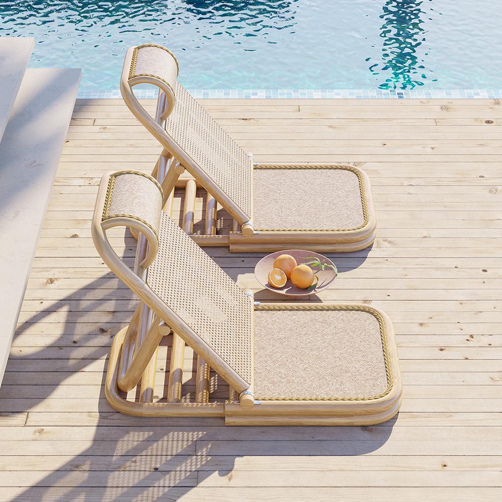 Scandinavian Rattan & Wood Outdoor Long Reclining Chaise Patio Lounge Chair in Natural