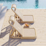 Scandinavian Rattan & Wood Outdoor Long Reclining Chaise Patio Lounge Chair in Natural