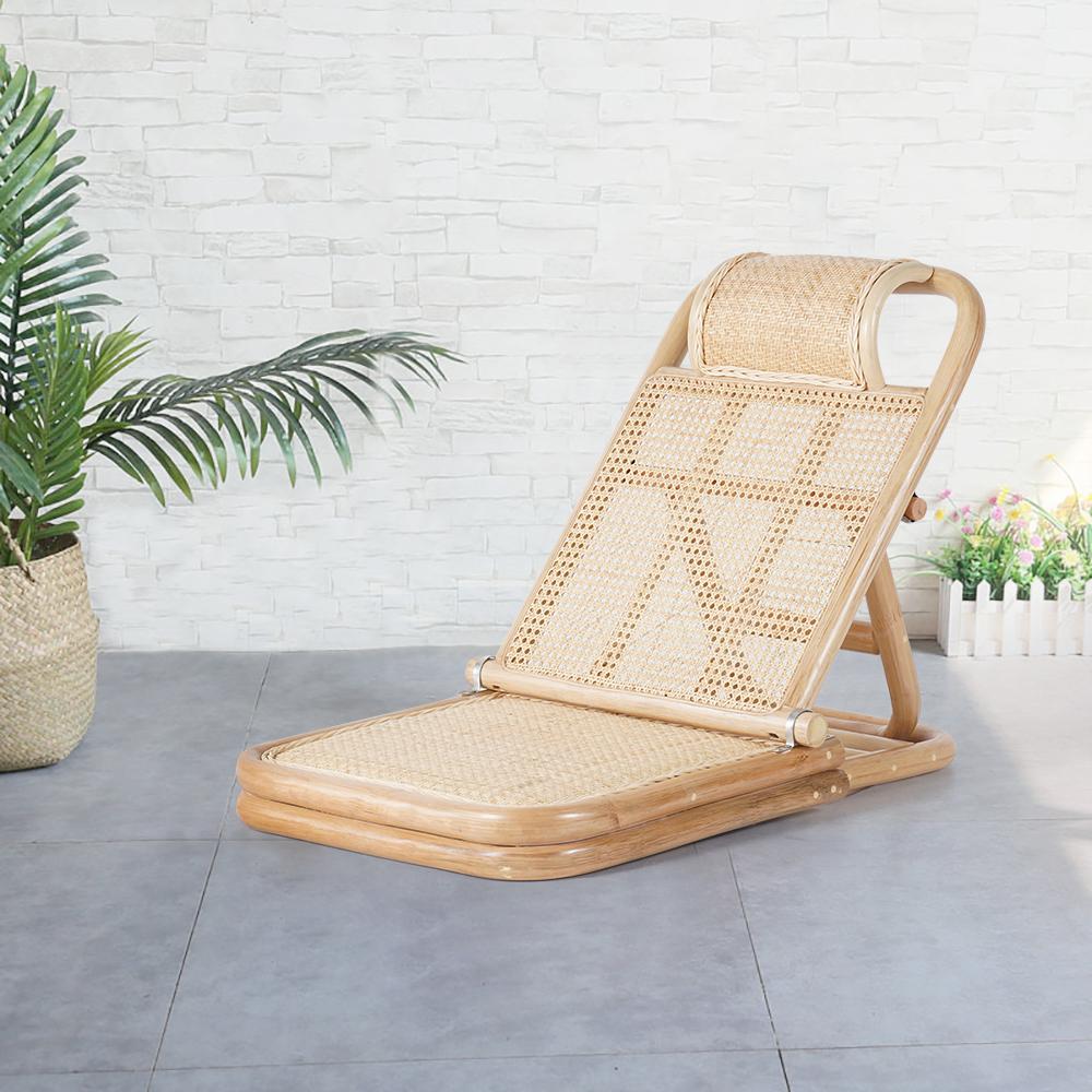 Scandinavian Rattan & Wood Outdoor Long Reclining Chaise Patio Lounge Chair in Natural