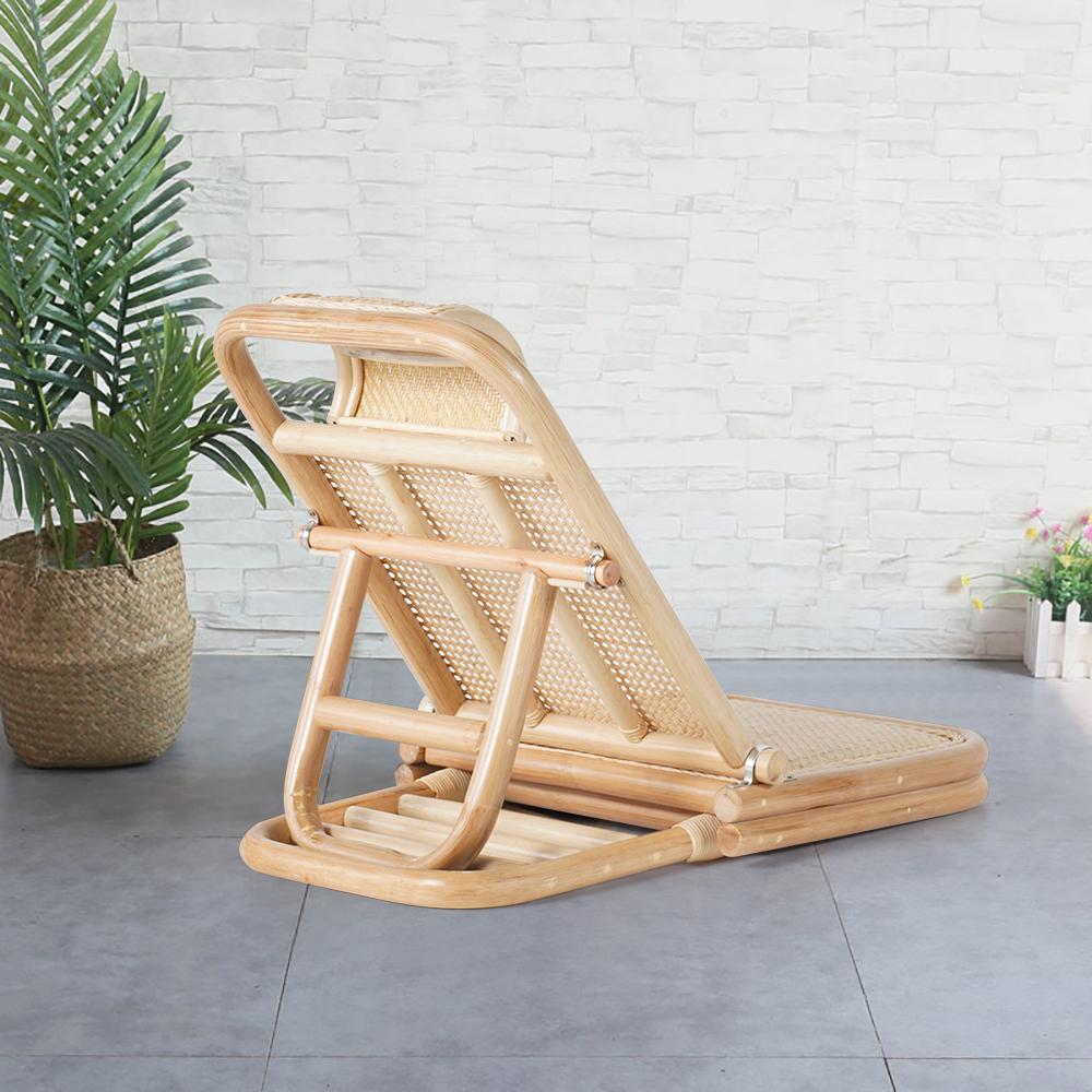 Scandinavian Rattan & Wood Outdoor Long Reclining Chaise Patio Lounge Chair in Natural