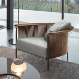 Modern Woven Rattan Outdoor Barrel Chair Armchair with Back Flared Edge in Brown & Gray
