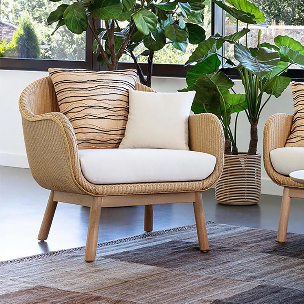 Rope Woven Patio Lounge Armchair with Solid Wood Frame Brick Cushion Pillow in Khaki