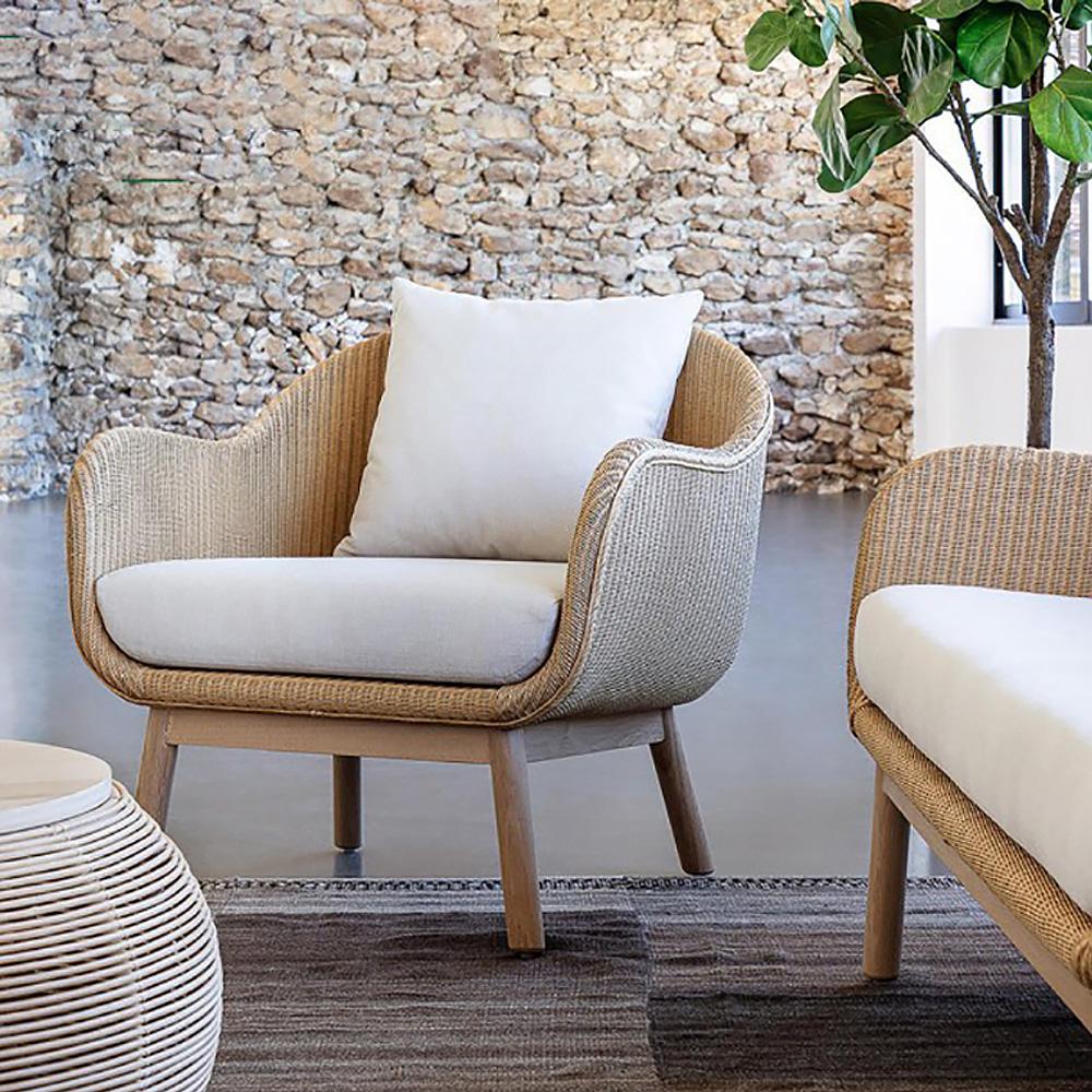 Rope Woven Patio Lounge Armchair with Solid Wood Frame Brick Cushion Pillow in Khaki