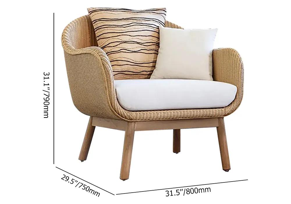 Rope Woven Patio Lounge Armchair with Solid Wood Frame Brick Cushion Pillow in Khaki
