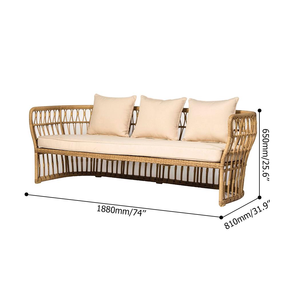 Boho 74" Natural Color Rattan Sofa Square Arm with Cushion Pillow