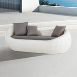 White Woven Rattan Round Outdoor Sofa with Cushion & Pillow and Curved Back