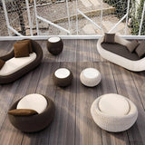 White Woven Rattan Round Outdoor Sofa with Cushion & Pillow and Curved Back