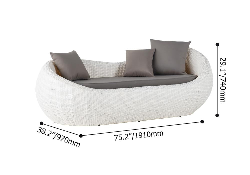 White Woven Rattan Round Outdoor Sofa with Cushion & Pillow and Curved Back