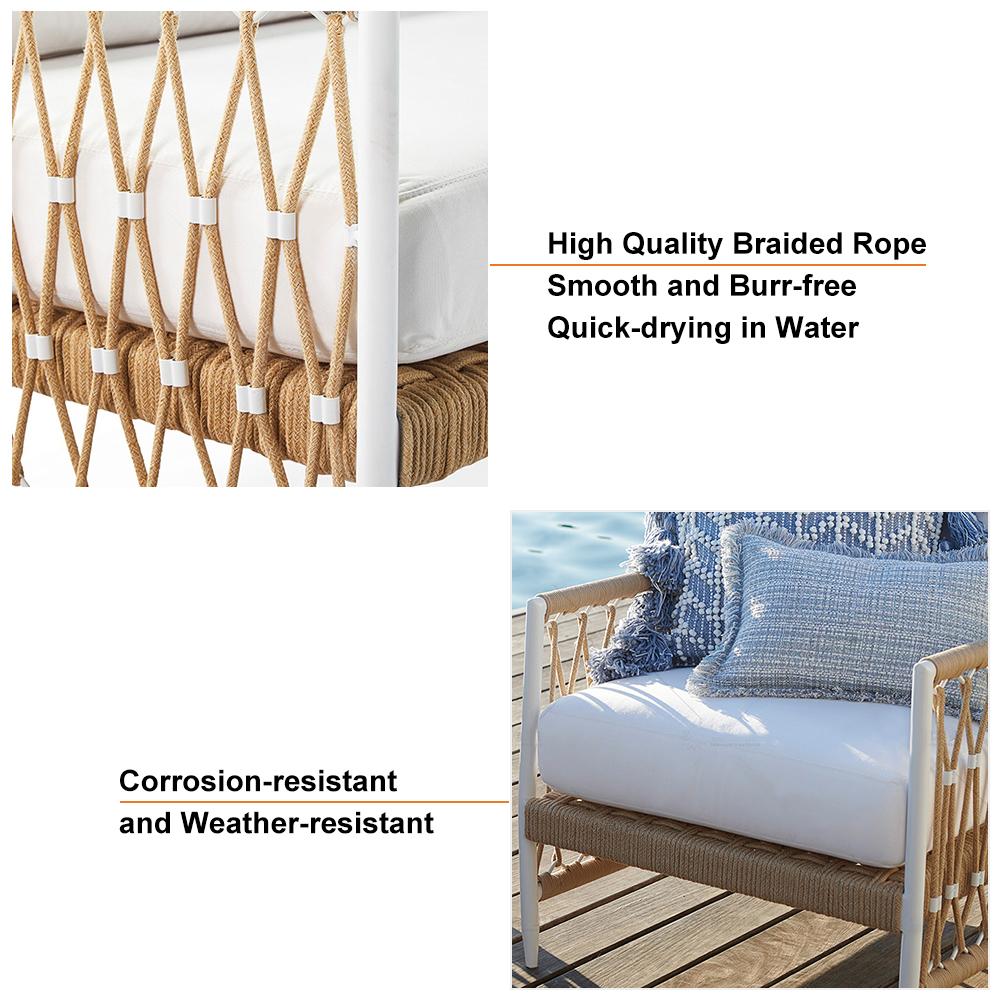 Ropipe Woven Rope Outdoor Armchair Accent Chair with White Polyester Cushion