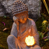 11.8″ Solar Panel Lighted Lotus Bodhisattva - Eco-friendly Resin Garden Buddha Statue for Yard and Balcony