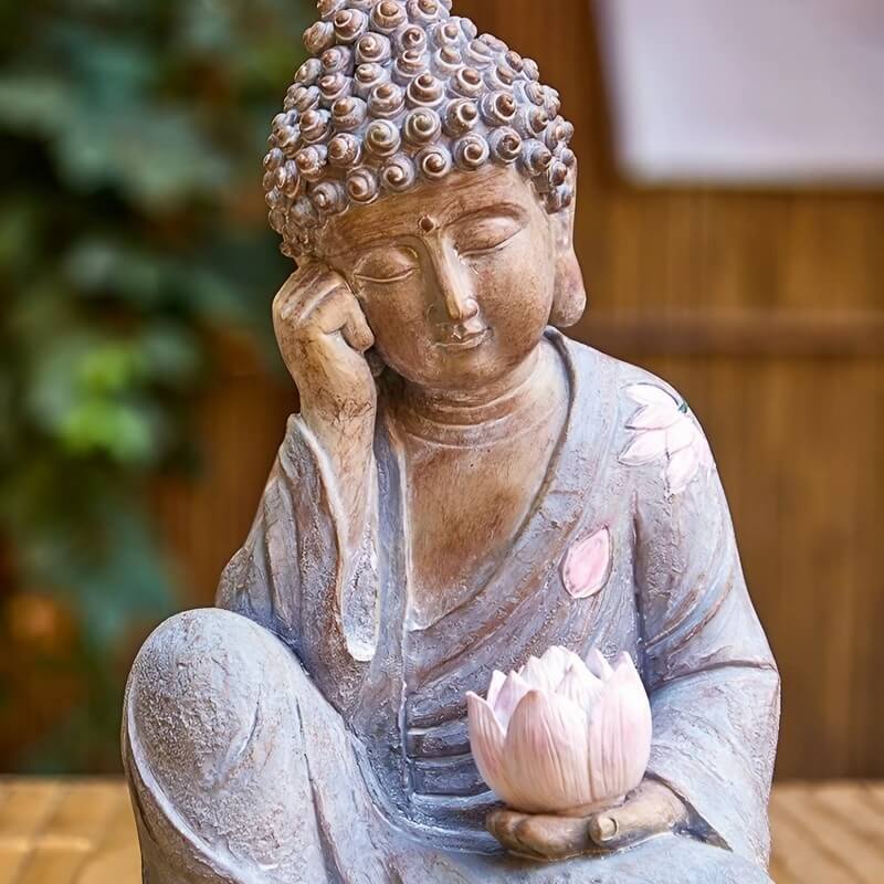 11.8″ Solar Panel Lighted Lotus Bodhisattva - Eco-friendly Resin Garden Buddha Statue for Yard and Balcony