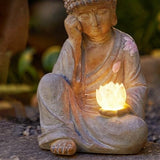 11.8″ Solar Panel Lighted Lotus Bodhisattva - Eco-friendly Resin Garden Buddha Statue for Yard and Balcony