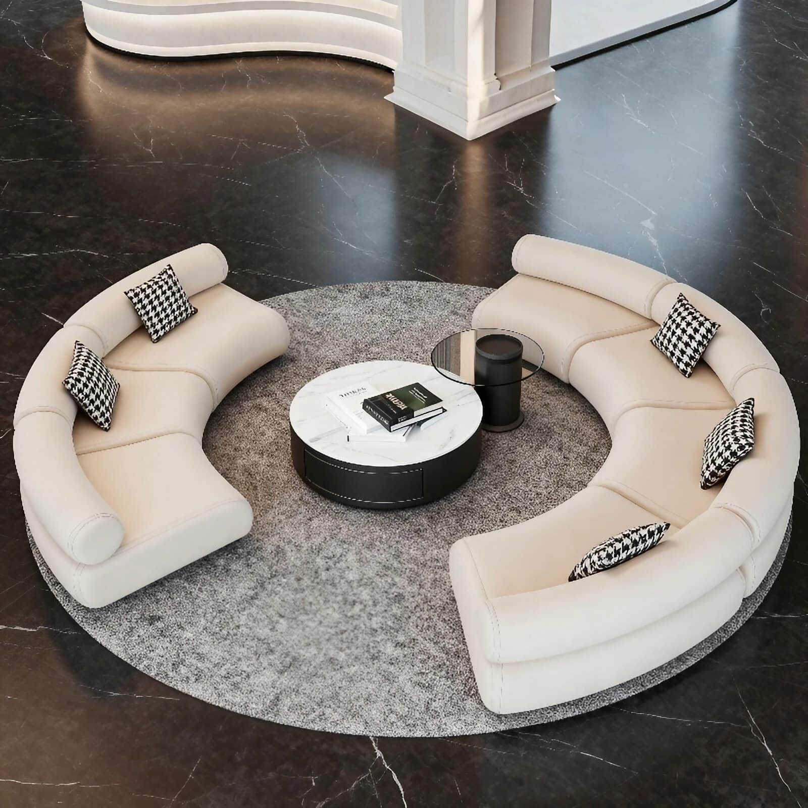 126.0″ Half Circle Couch Modern Beige Brushed Velvet Curved Sofa