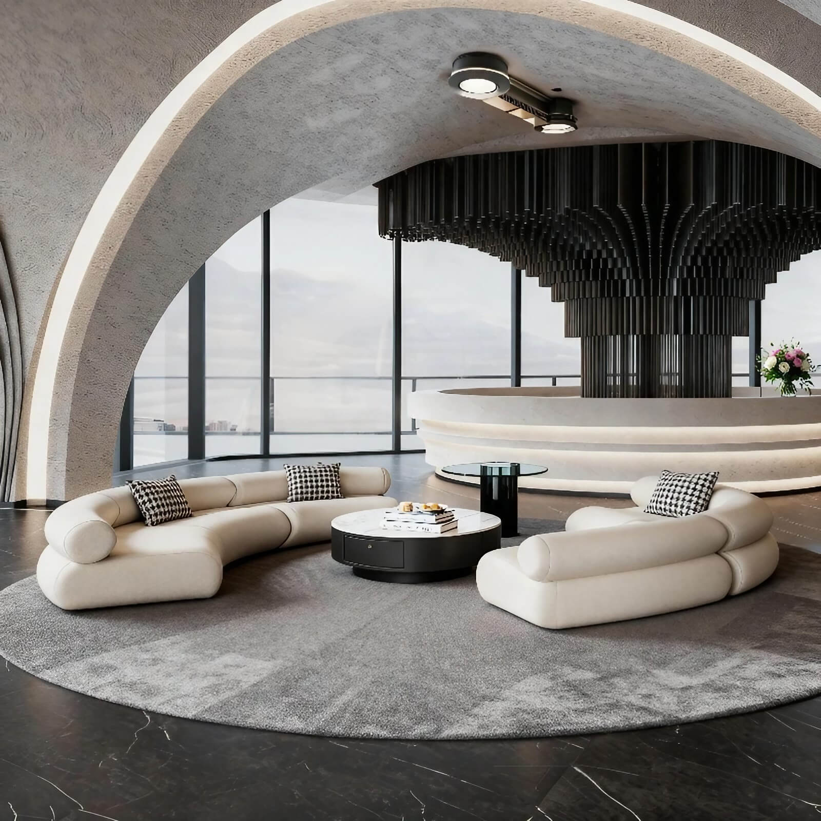 126.0″ Half Circle Couch Modern Beige Brushed Velvet Curved Sofa