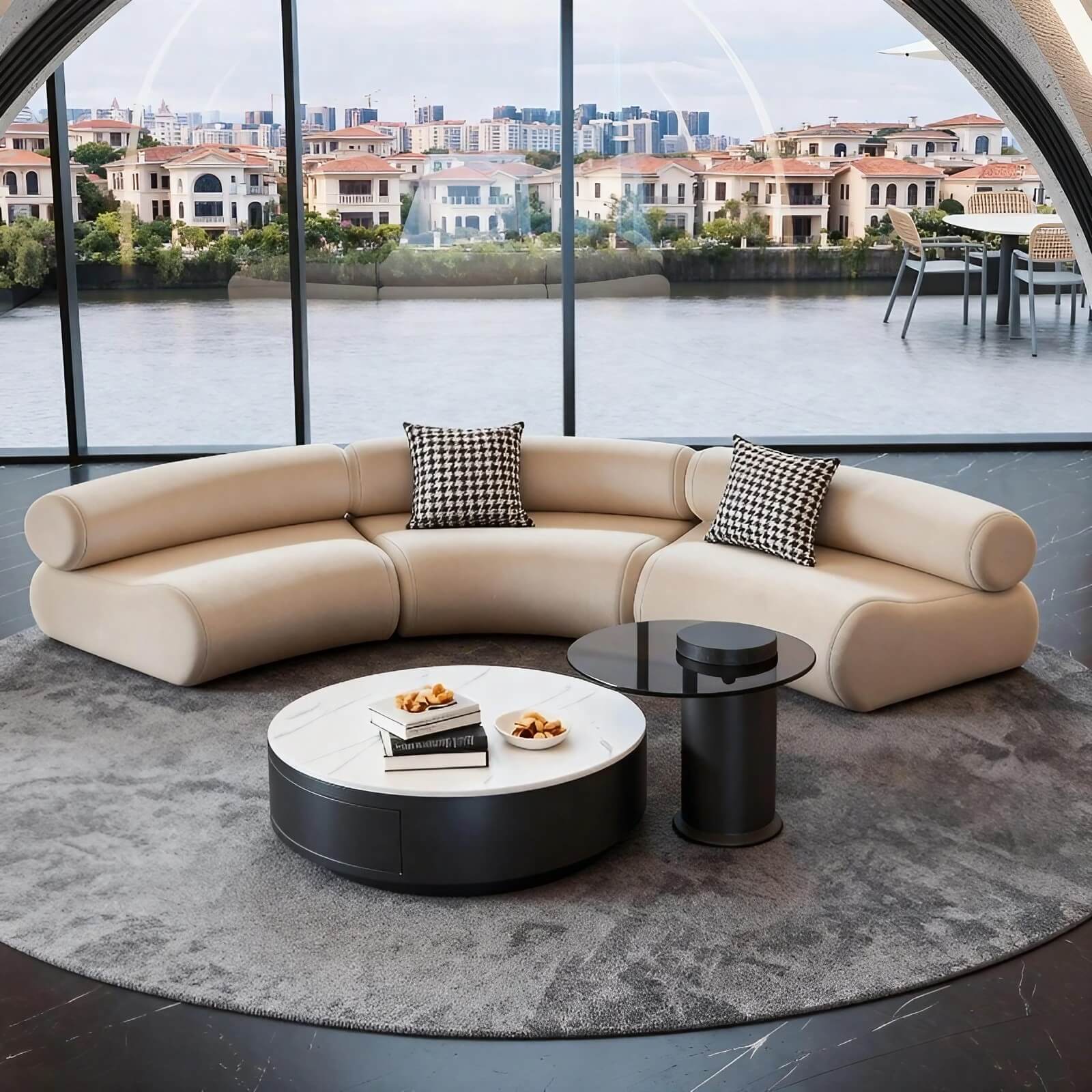 126.0″ Half Circle Couch Modern Beige Brushed Velvet Curved Sofa