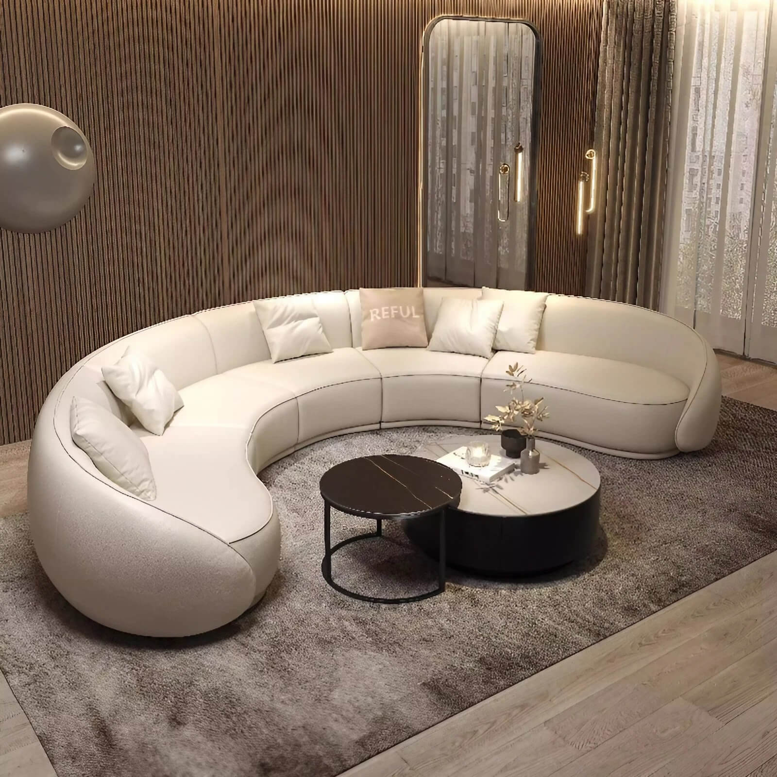 129.9″ Half Circle Couch Beige Velvet Curved Modern Style