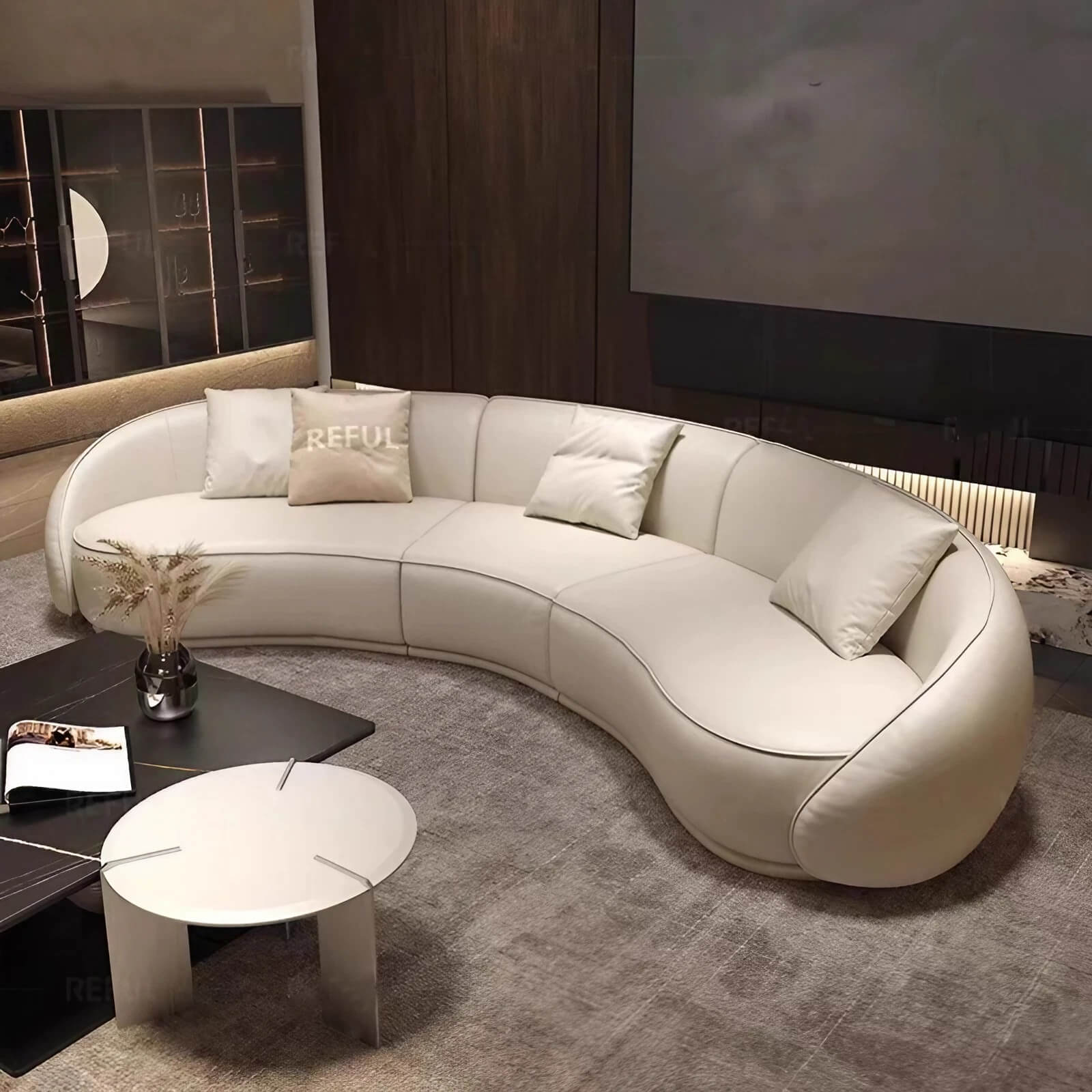 129.9″ Half Circle Couch Beige Velvet Curved Modern Style