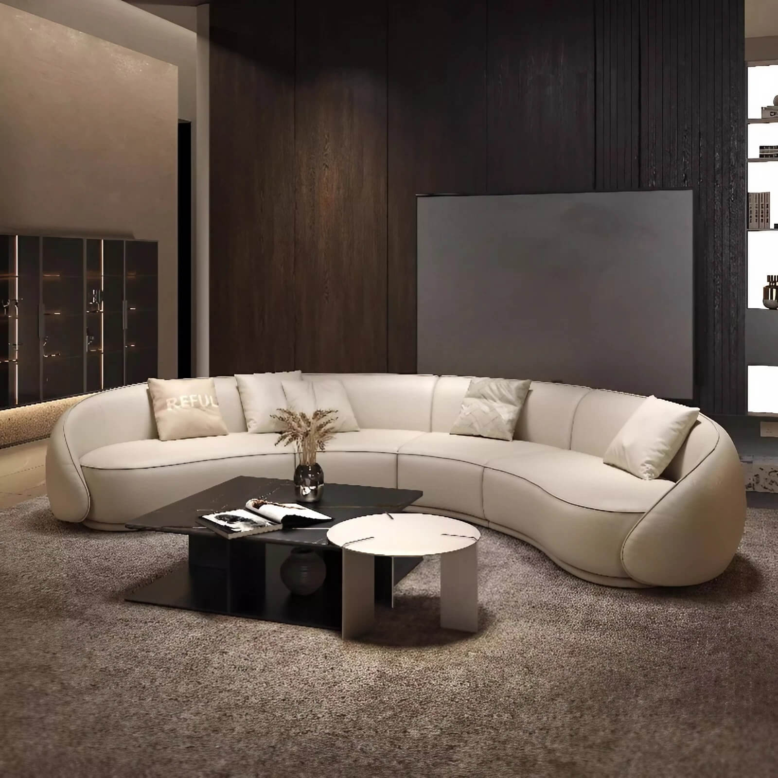 129.9″ Half Circle Couch Beige Velvet Curved Modern Style