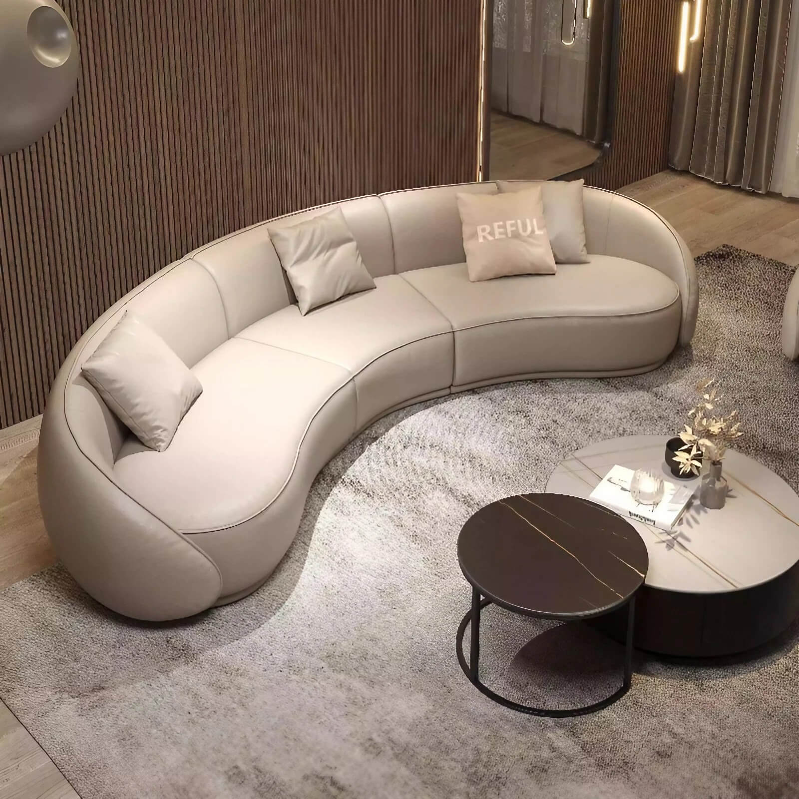 129.9″ Half Circle Couch Beige Velvet Curved Modern Style