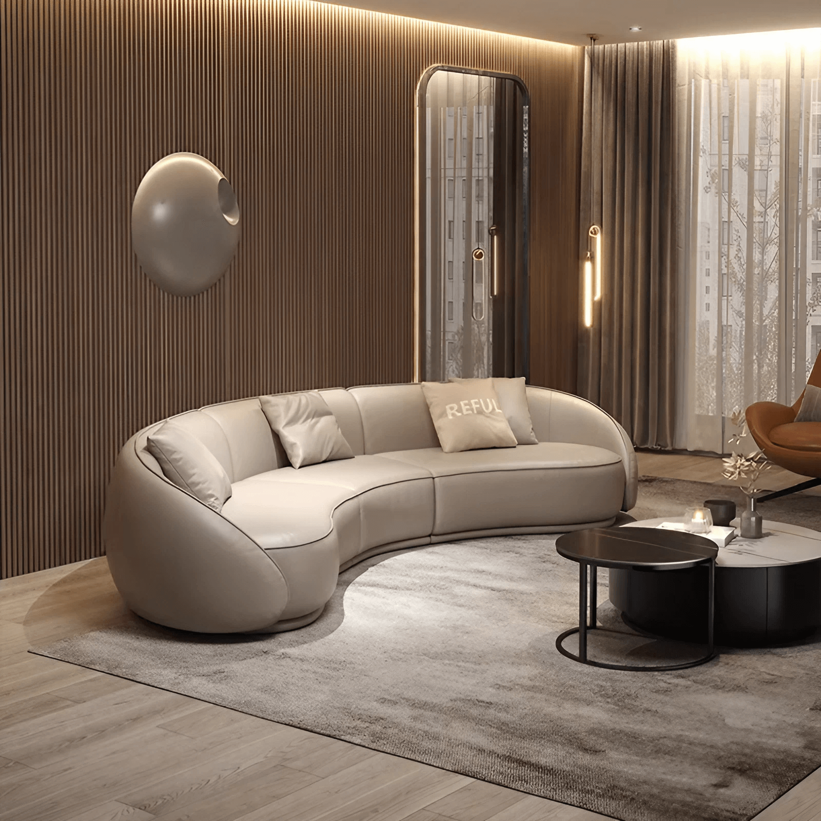 129.9″ Half Circle Couch Beige Velvet Curved Modern Style