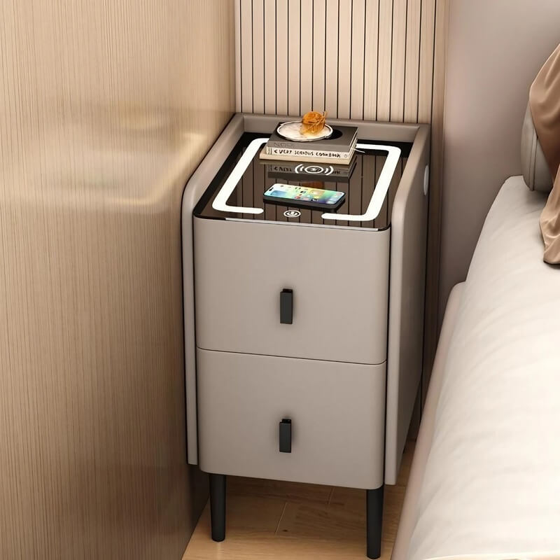 12" Champagne Modern Narrow Bedside Table - Wood with Lighted Drawers & Wireless Charging