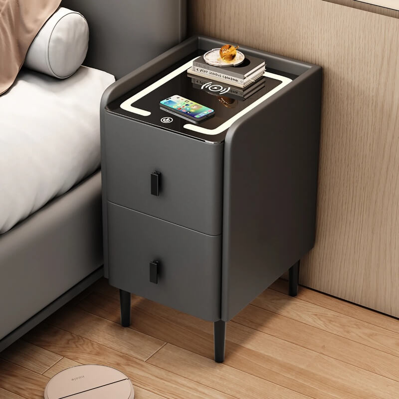 12" Champagne Modern Narrow Bedside Table - Wood with Lighted Drawers & Wireless Charging