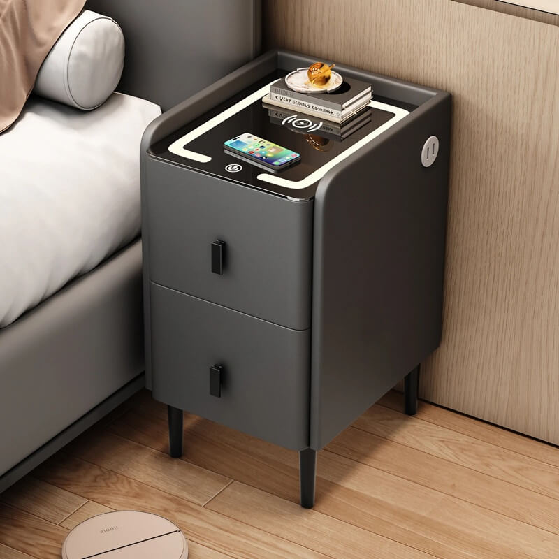 12" Champagne Modern Narrow Bedside Table - Wood with Lighted Drawers & Wireless Charging