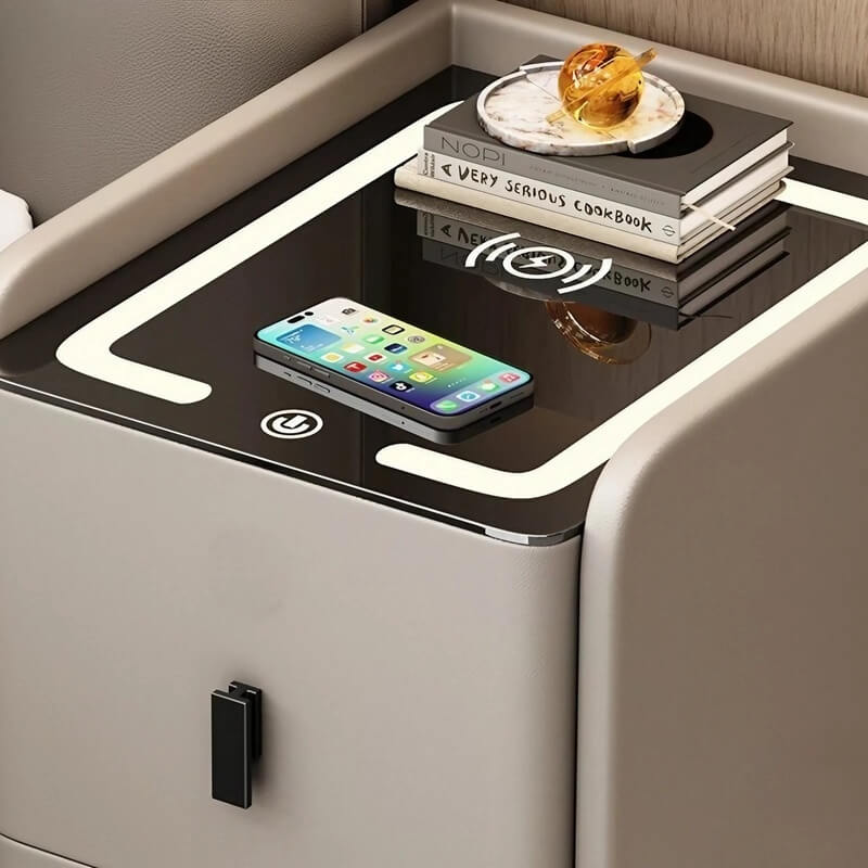 12" Champagne Modern Narrow Bedside Table - Wood with Lighted Drawers & Wireless Charging