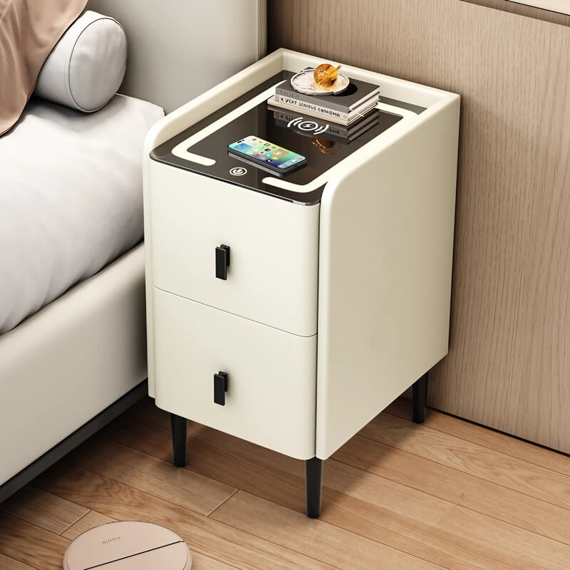 12" Champagne Modern Narrow Bedside Table - Wood with Lighted Drawers & Wireless Charging