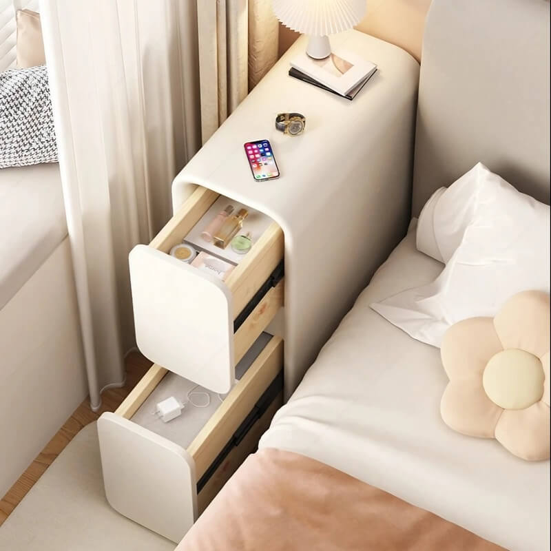 12″ White Wood Narrow Bedside Table - Modern Design with Drawers