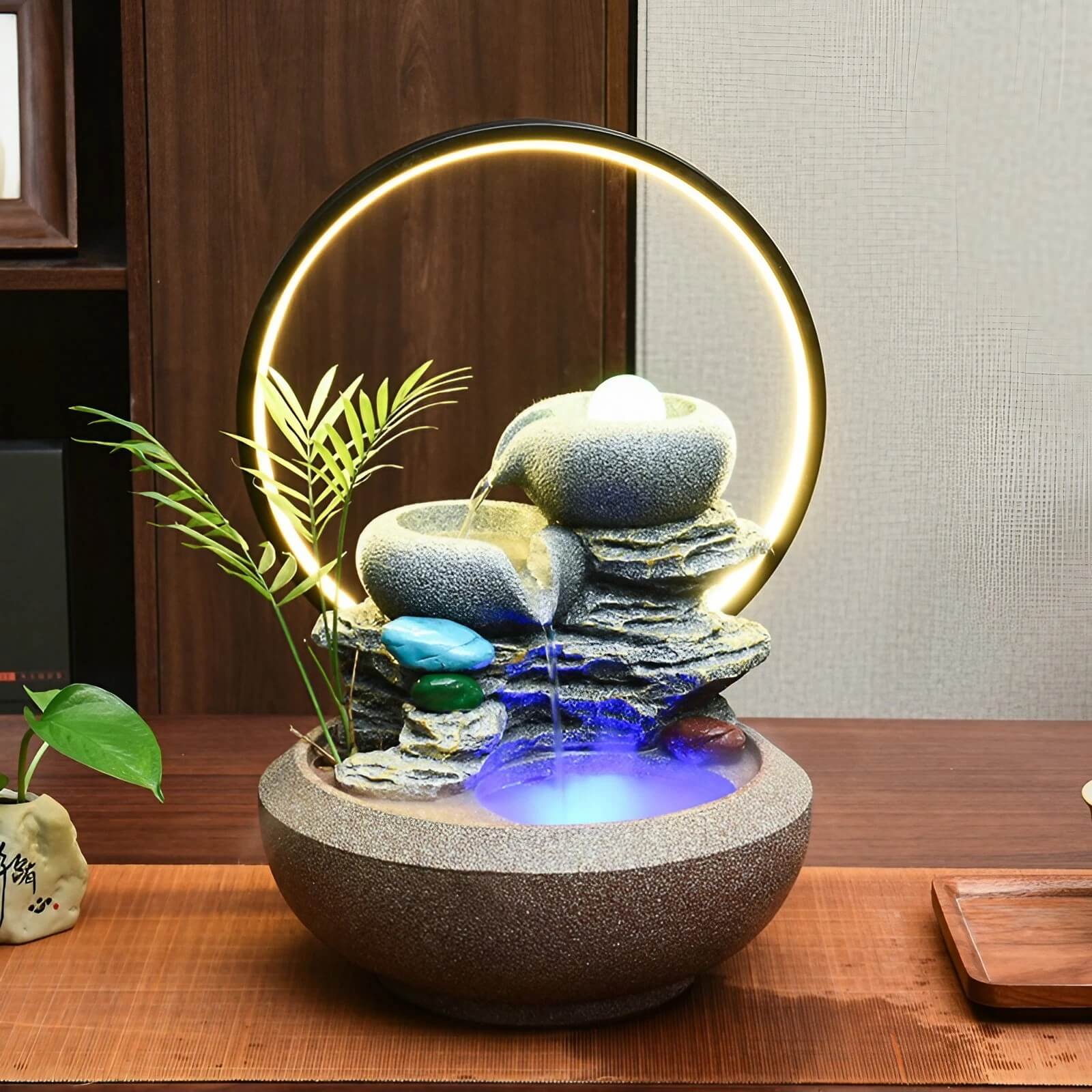 indoor water fountain plants 13.4″ Feng Shui Decor Resin Tabletop Water Fountain with Rockery for O – WEHOMZ