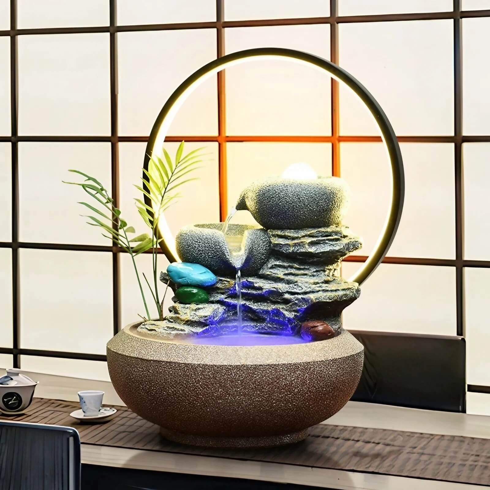 13.4″ Feng Shui Decor Resin Tabletop Water Fountain with Rockery for Office Living Room
